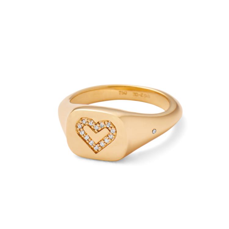 Signet Heart Diamantring Solid - 18kt Gult Gull